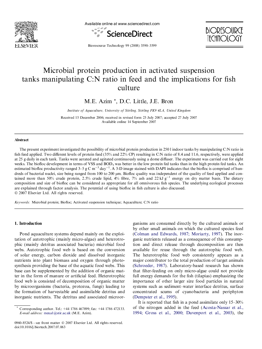 Microbial protein production in activated suspension tanks manipulating C:N ratio in feed and the implications for fish culture