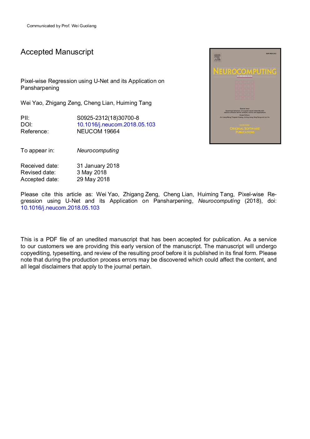 Pixel-wise regression using U-Net and its application on pansharpening