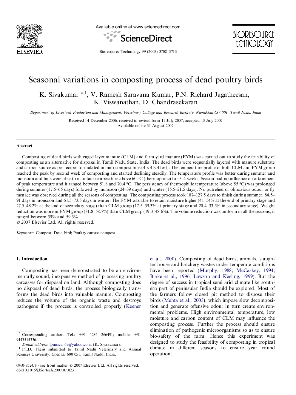 Seasonal variations in composting process of dead poultry birds