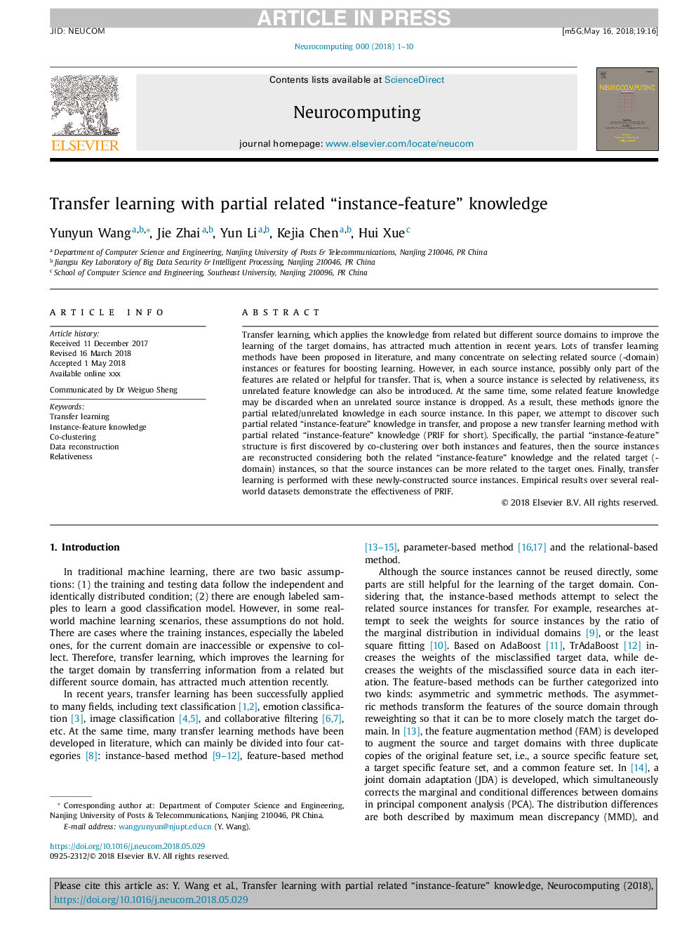 Transfer learning with partial related “instance-feature” knowledge