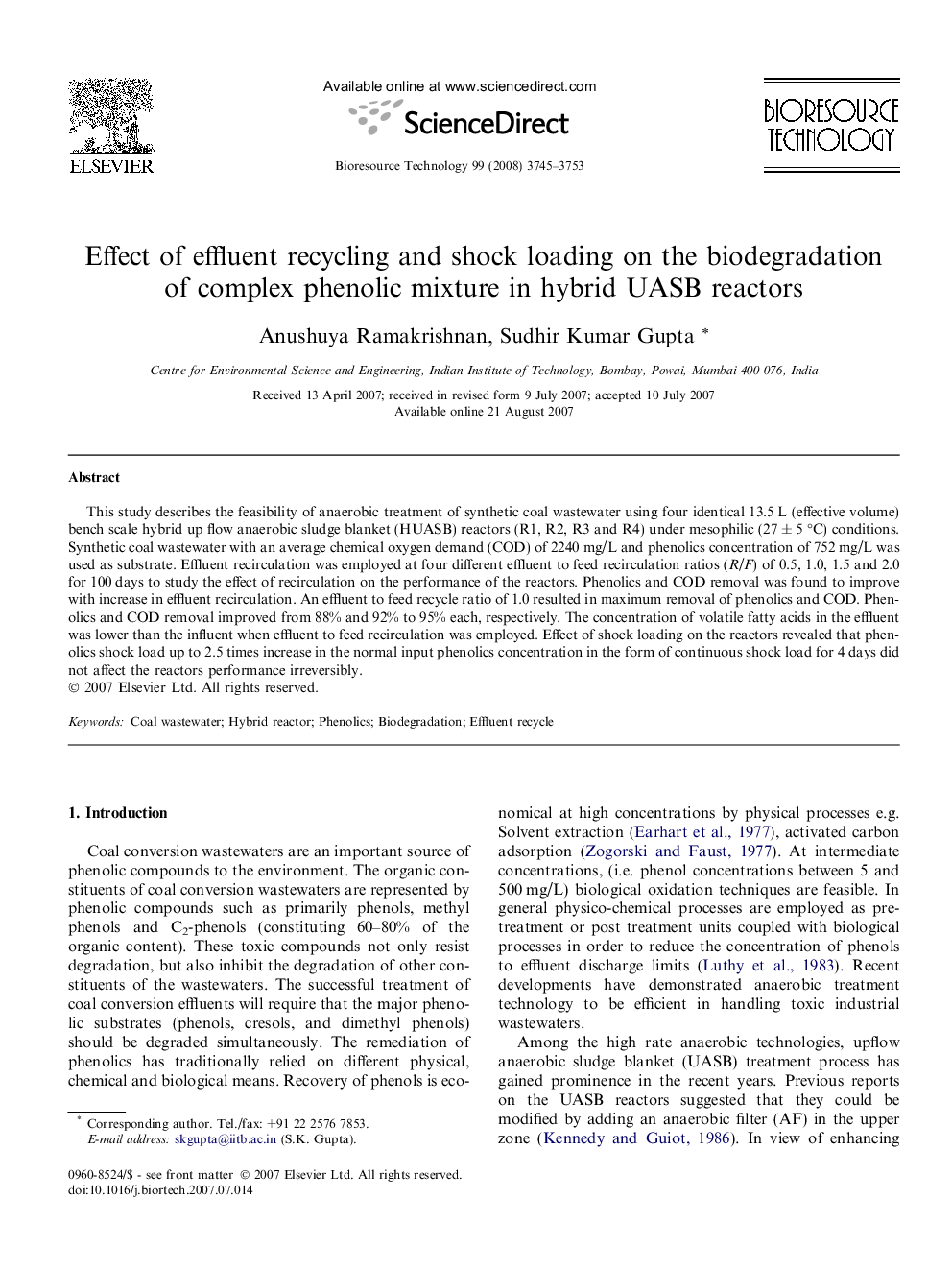 Effect of effluent recycling and shock loading on the biodegradation of complex phenolic mixture in hybrid UASB reactors