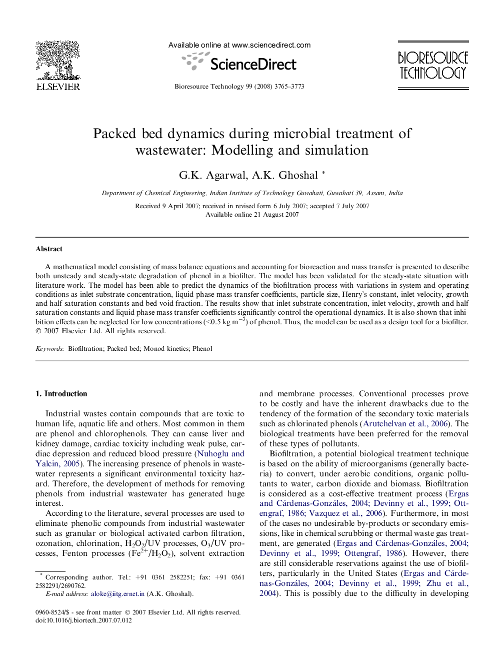 Packed bed dynamics during microbial treatment of wastewater: Modelling and simulation