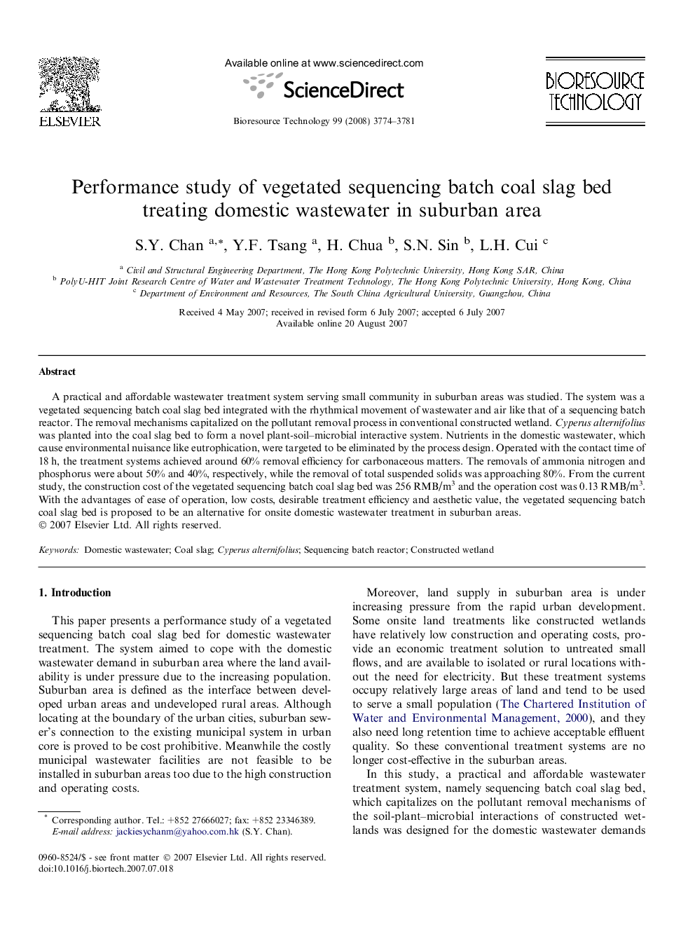 Performance study of vegetated sequencing batch coal slag bed treating domestic wastewater in suburban area