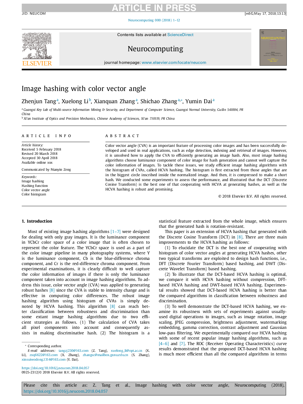 Image hashing with color vector angle