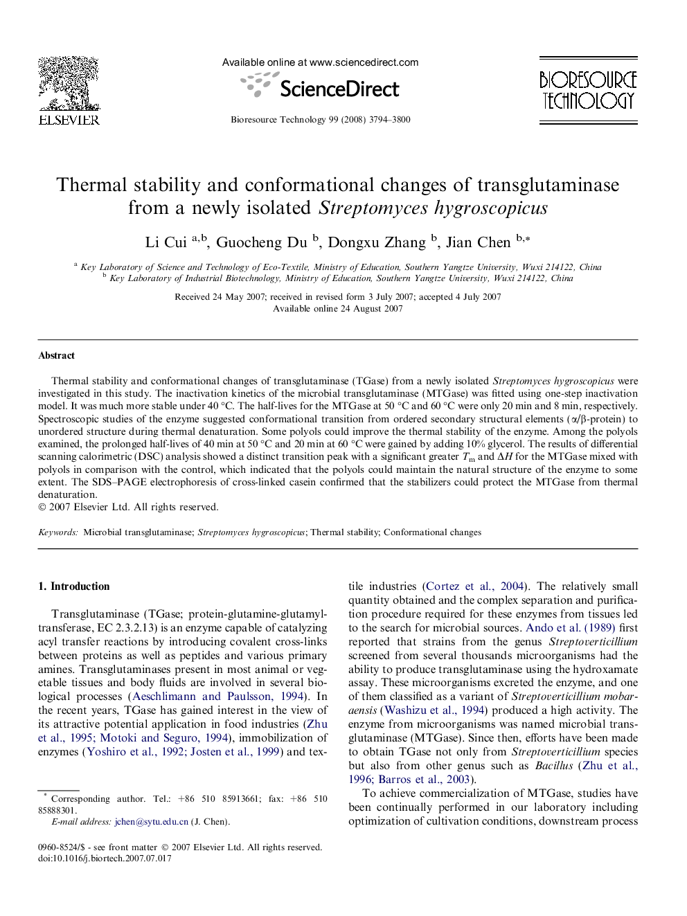 Thermal stability and conformational changes of transglutaminase from a newly isolated Streptomyces hygroscopicus