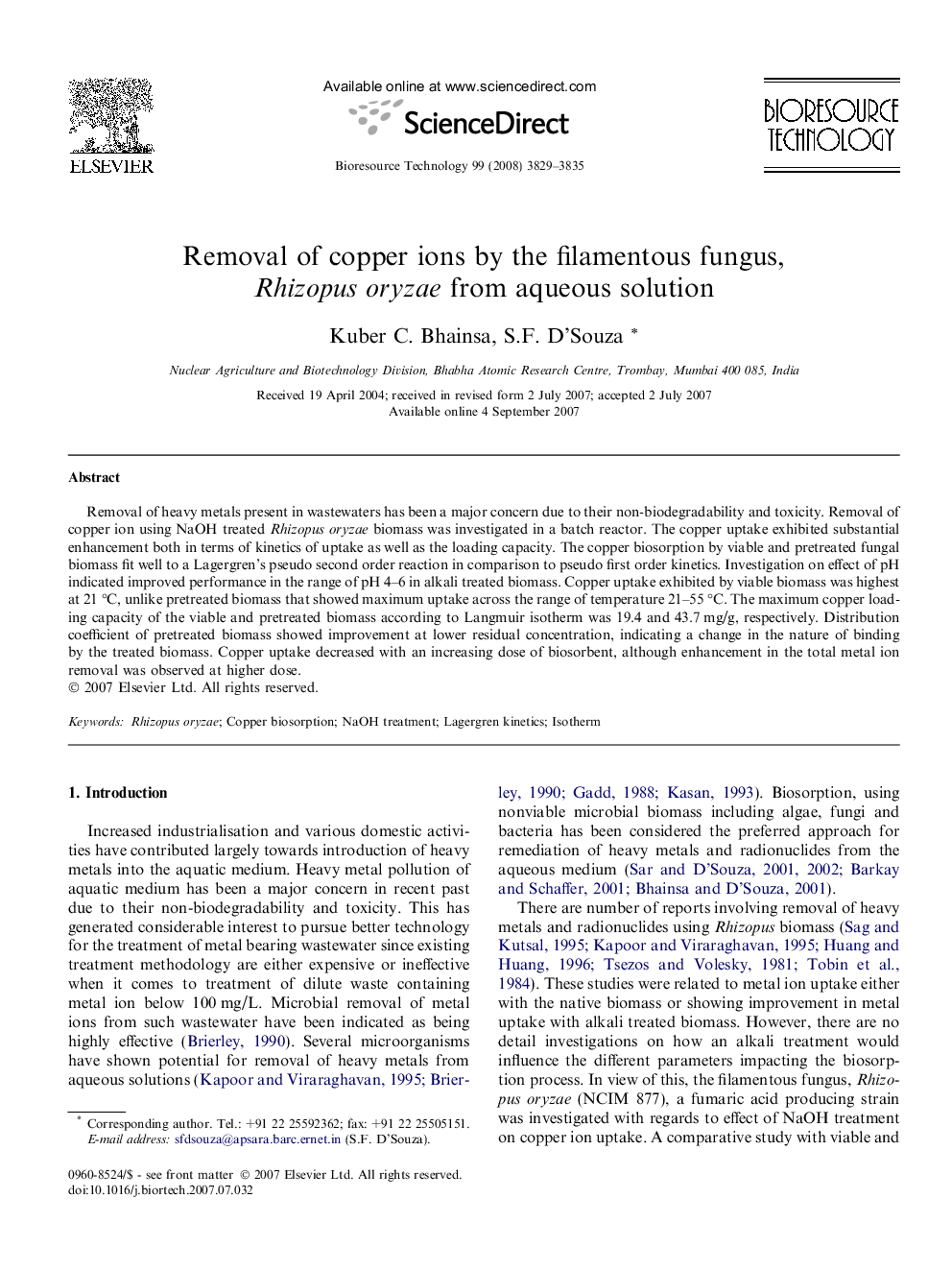 Removal of copper ions by the filamentous fungus, Rhizopus oryzae from aqueous solution