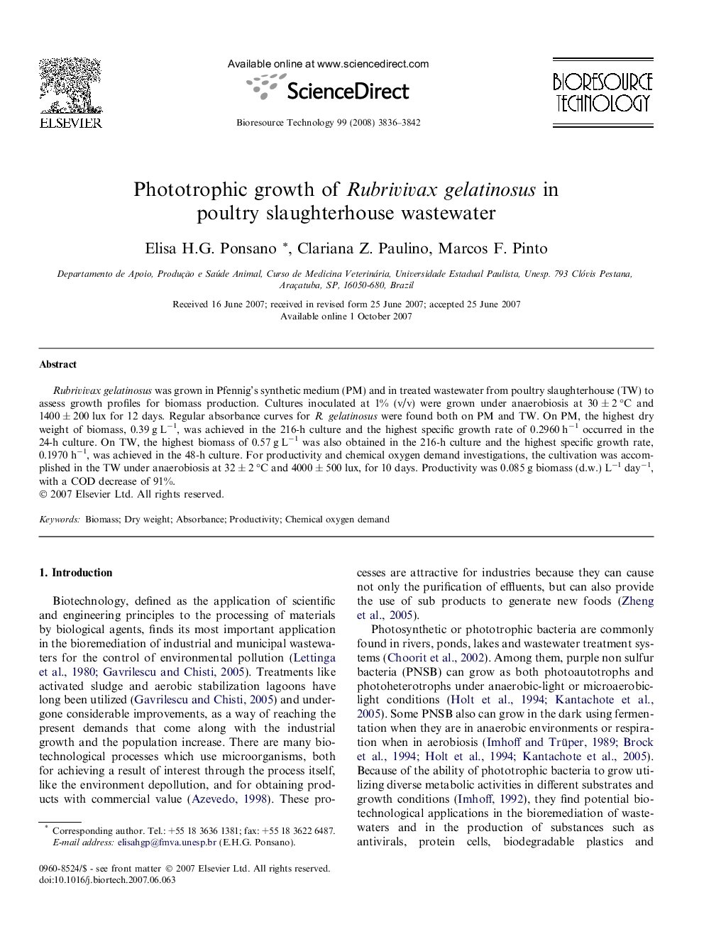 Phototrophic growth of Rubrivivax gelatinosus in poultry slaughterhouse wastewater