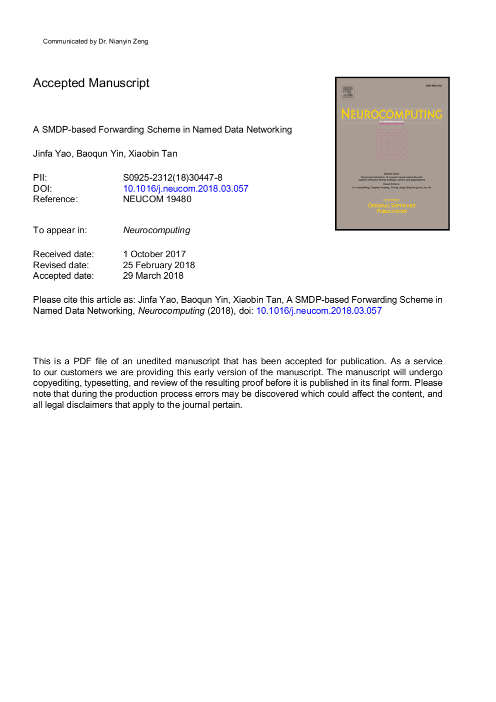 A SMDP-based forwarding scheme in named data networking