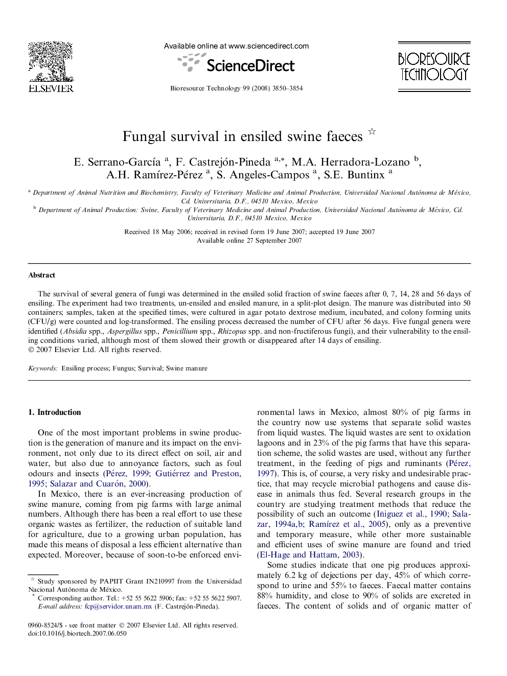 Fungal survival in ensiled swine faeces 