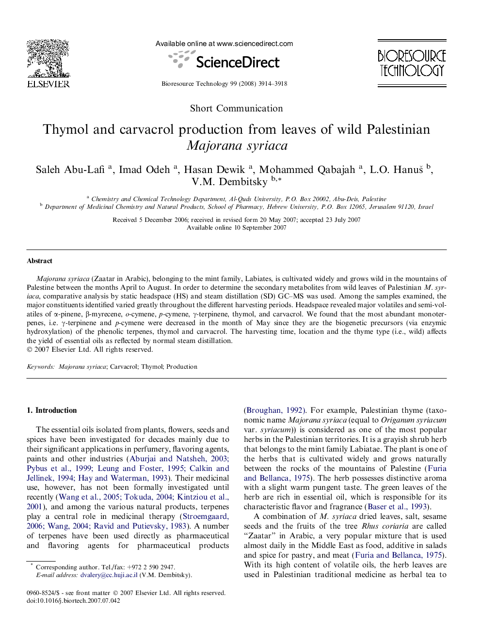 Thymol and carvacrol production from leaves of wild Palestinian Majorana syriaca