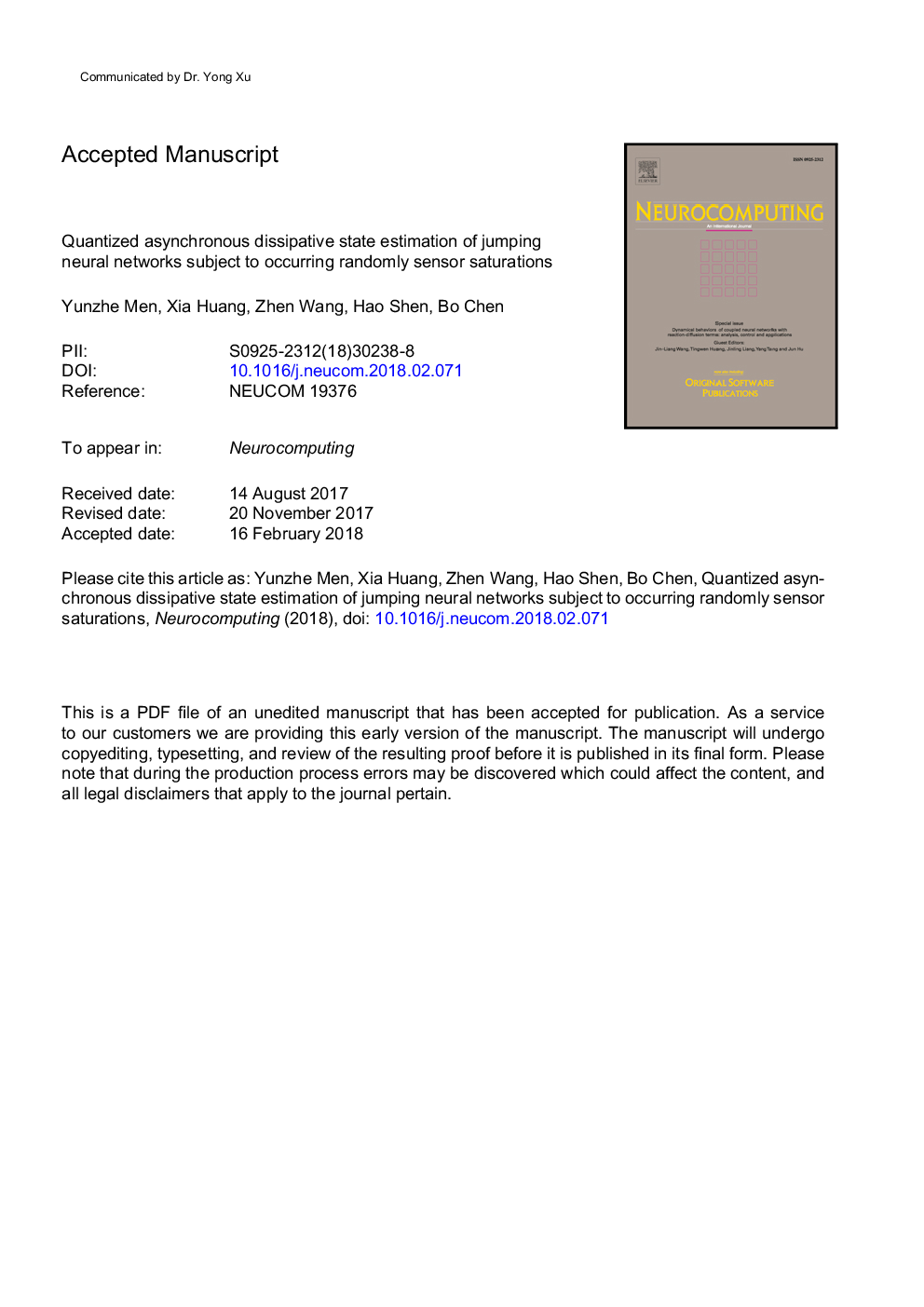 Quantized asynchronous dissipative state estimation of jumping neural networks subject to occurring randomly sensor saturations