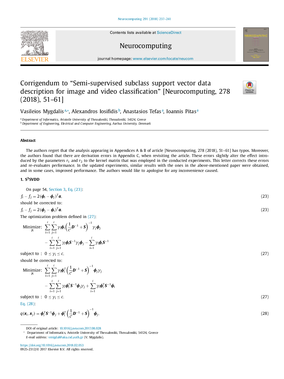 Corrigendum to “Semi-supervised subclass support vector data description for image and video classification” [Neurocomputing, 278 (2018), 51-61]