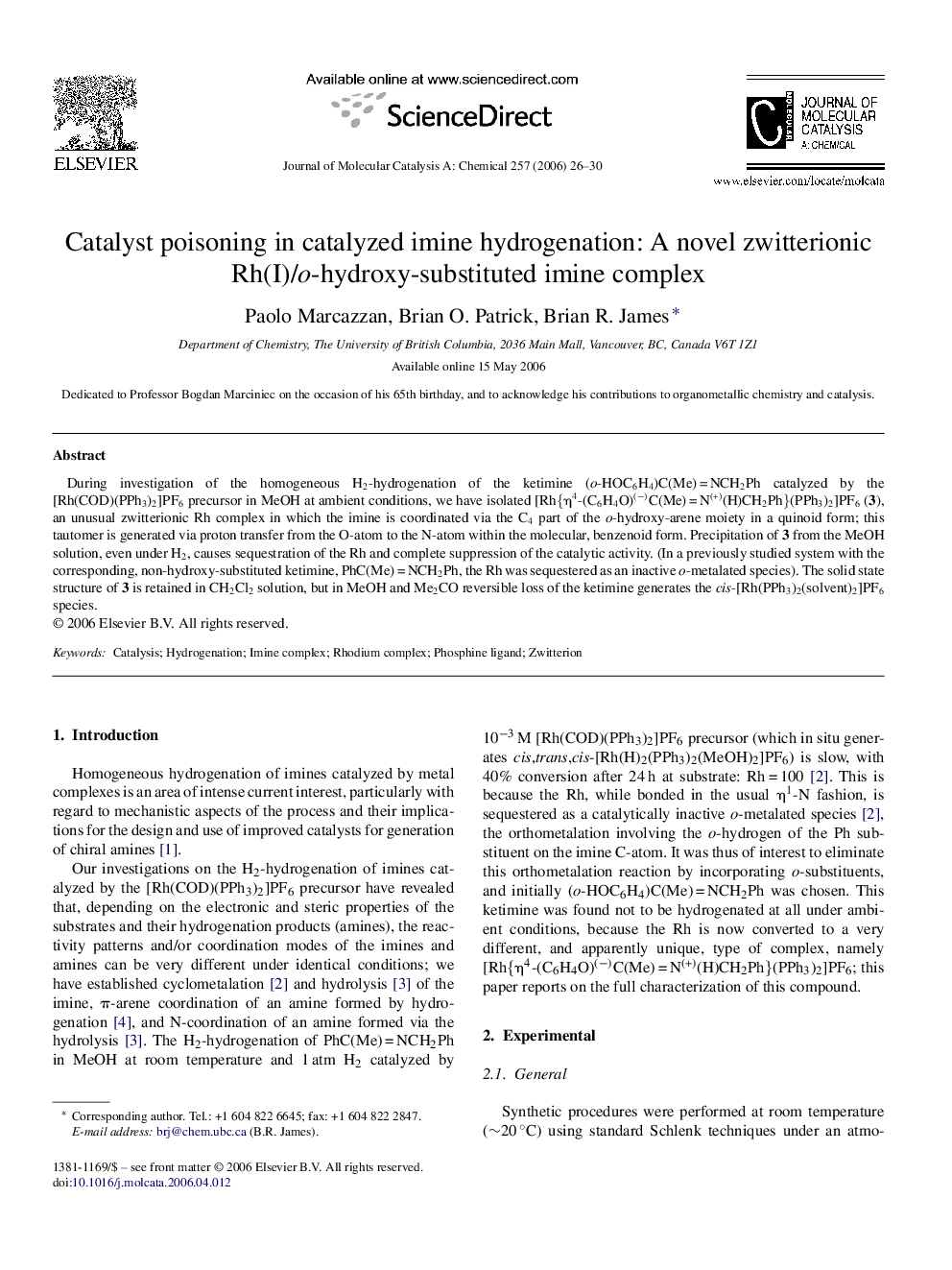 Catalyst poisoning in catalyzed imine hydrogenation: A novel zwitterionic Rh(I)/o-hydroxy-substituted imine complex