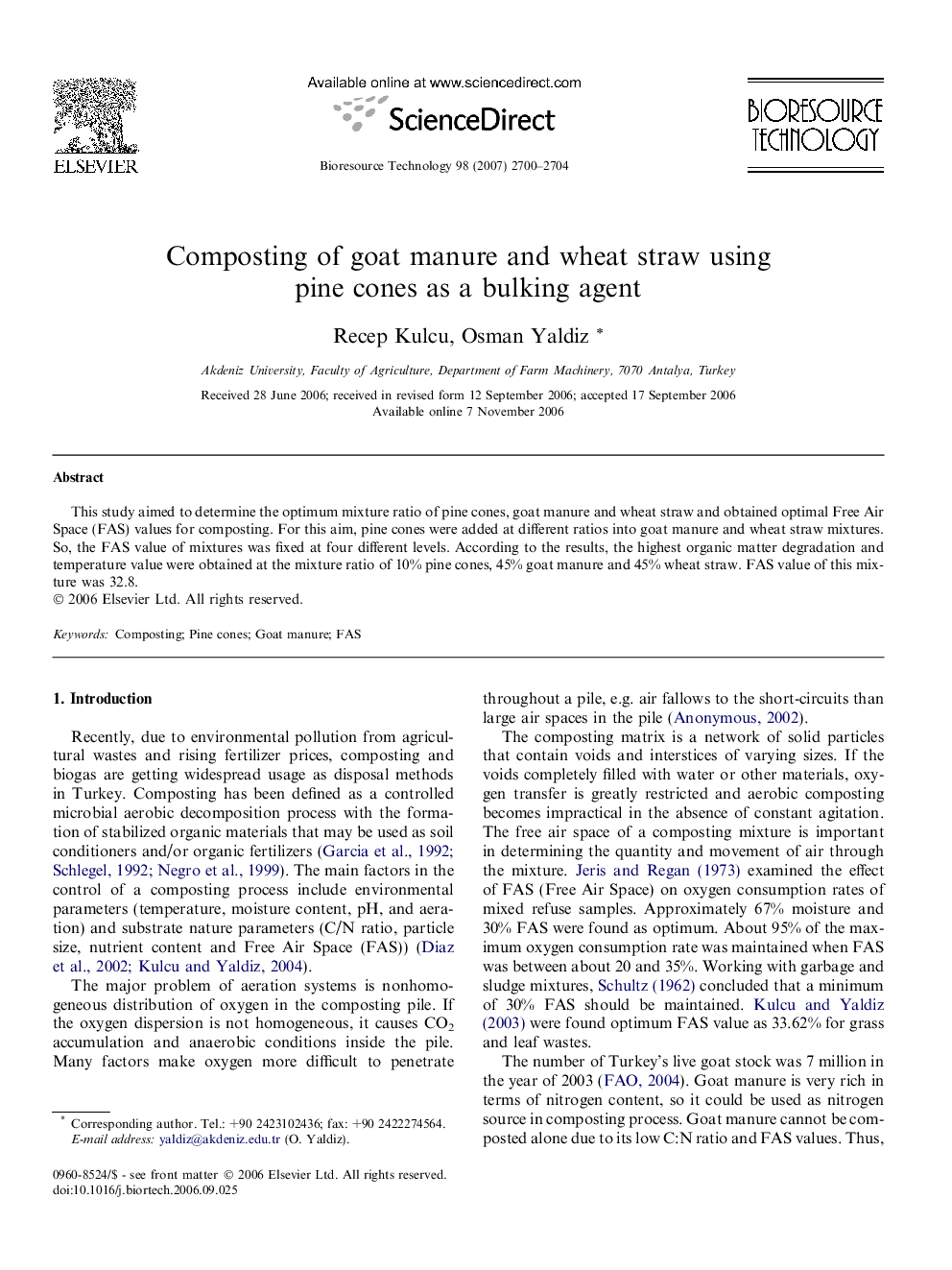 Composting of goat manure and wheat straw using pine cones as a bulking agent