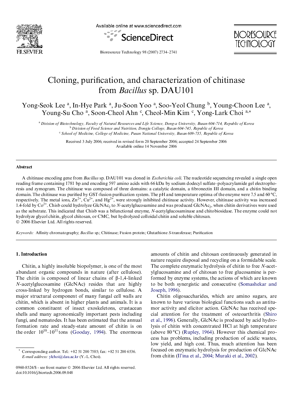 Cloning, purification, and characterization of chitinase from Bacillus sp. DAU101