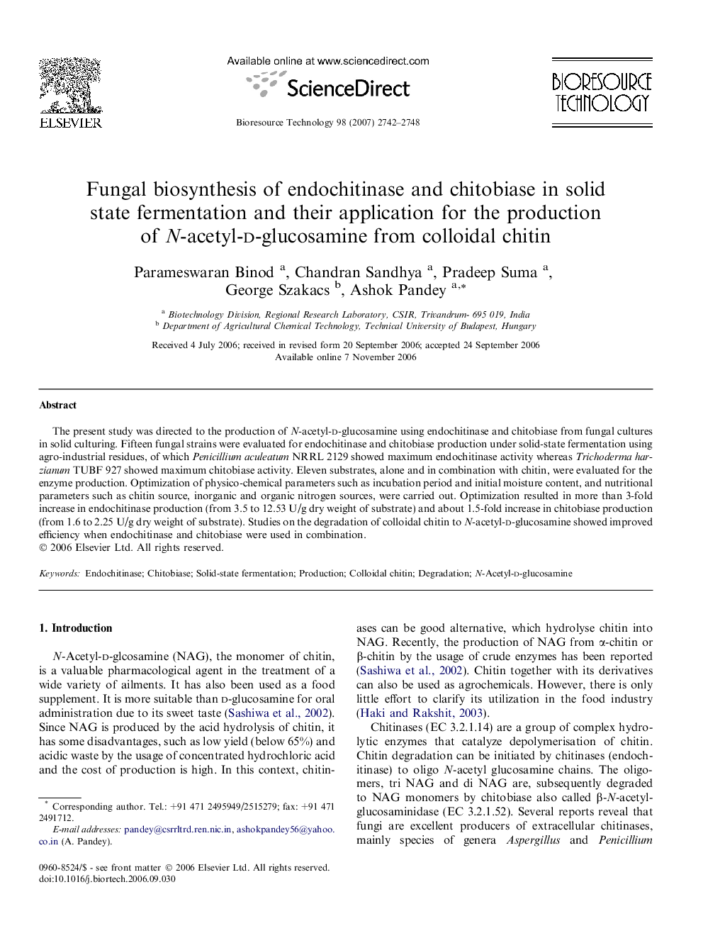 Fungal biosynthesis of endochitinase and chitobiase in solid state fermentation and their application for the production of N-acetyl-d-glucosamine from colloidal chitin