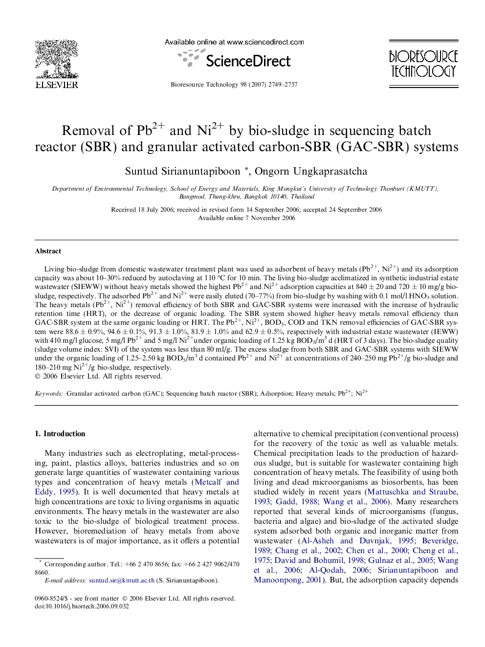 Removal of Pb2+ and Ni2+ by bio-sludge in sequencing batch reactor (SBR) and granular activated carbon-SBR (GAC-SBR) systems