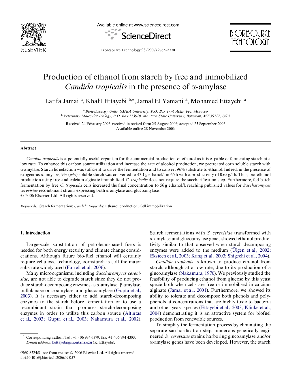 Production of ethanol from starch by free and immobilized Candida tropicalis in the presence of α-amylase