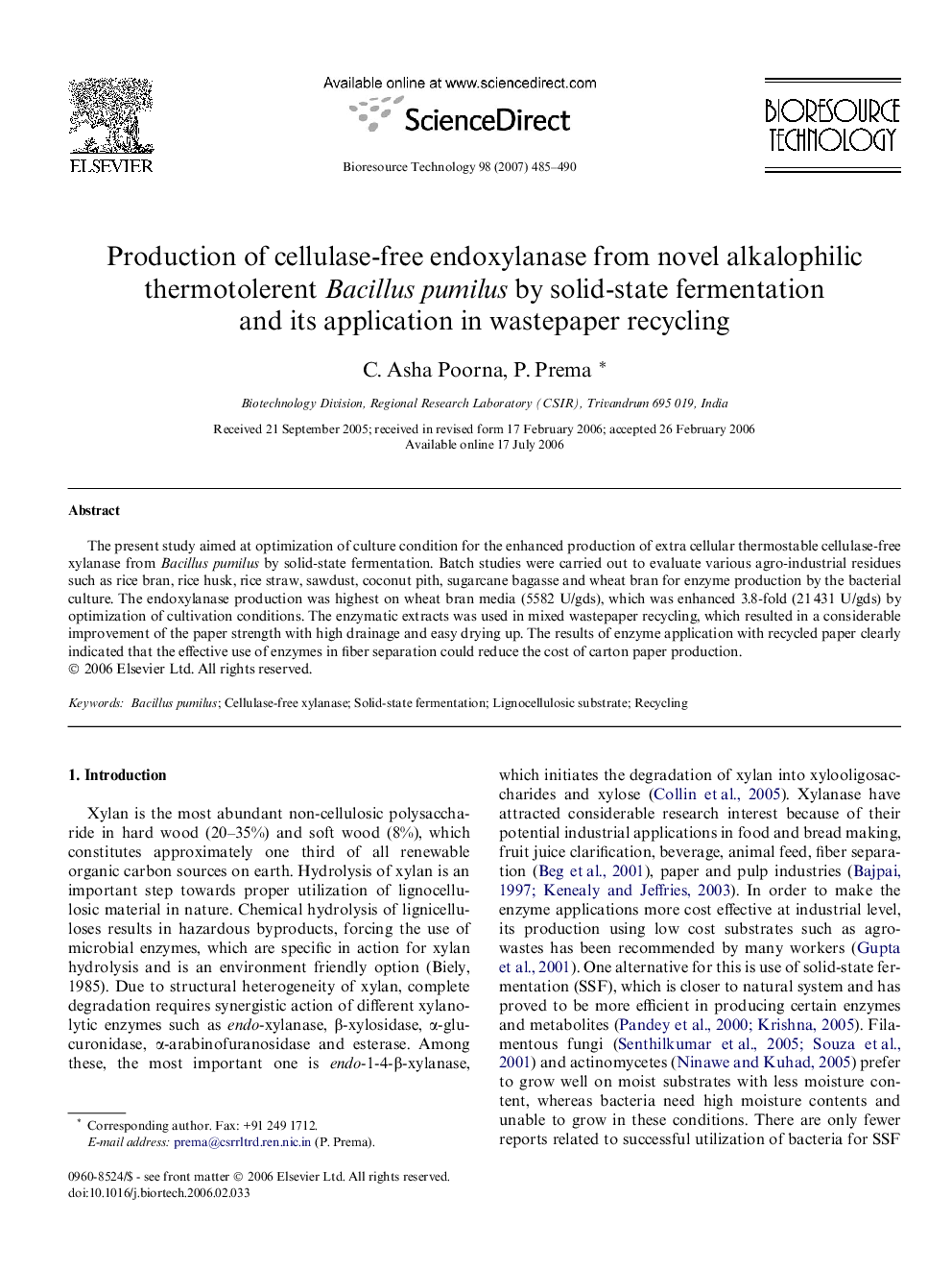 Production of cellulase-free endoxylanase from novel alkalophilic thermotolerent Bacillus pumilus by solid-state fermentation and its application in wastepaper recycling