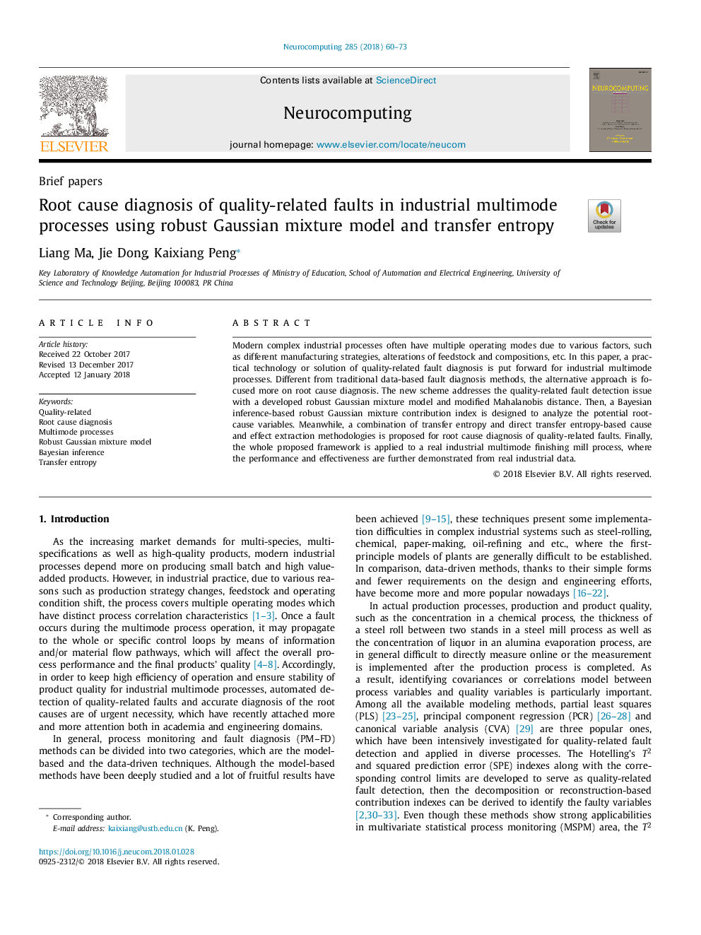 Root cause diagnosis of quality-related faults in industrial multimode processes using robust Gaussian mixture model and transfer entropy