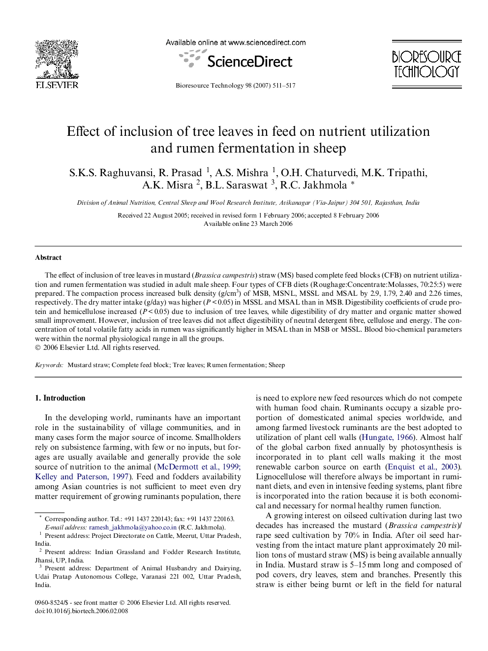 Effect of inclusion of tree leaves in feed on nutrient utilization and rumen fermentation in sheep