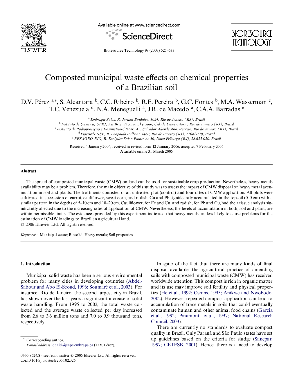 عکس صفحه اول مقاله: Composted municipal waste effects on chemical properties of a Brazilian soil Composted municipal waste effects on chemical properties of a Brazilian soil