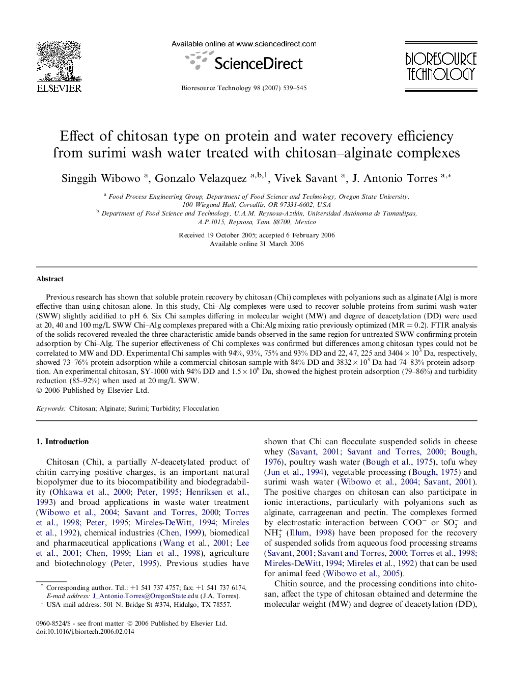 Effect of chitosan type on protein and water recovery efficiency from surimi wash water treated with chitosan–alginate complexes