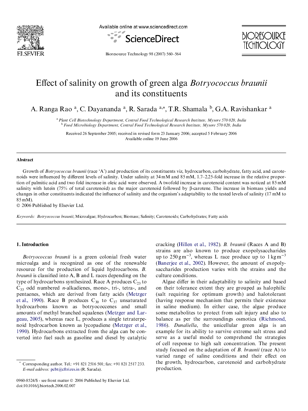 Effect of salinity on growth of green alga Botryococcus braunii and its constituents