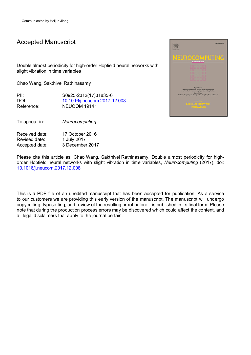 Double almost periodicity for high-order Hopfield neural networks with slight vibration in time variables