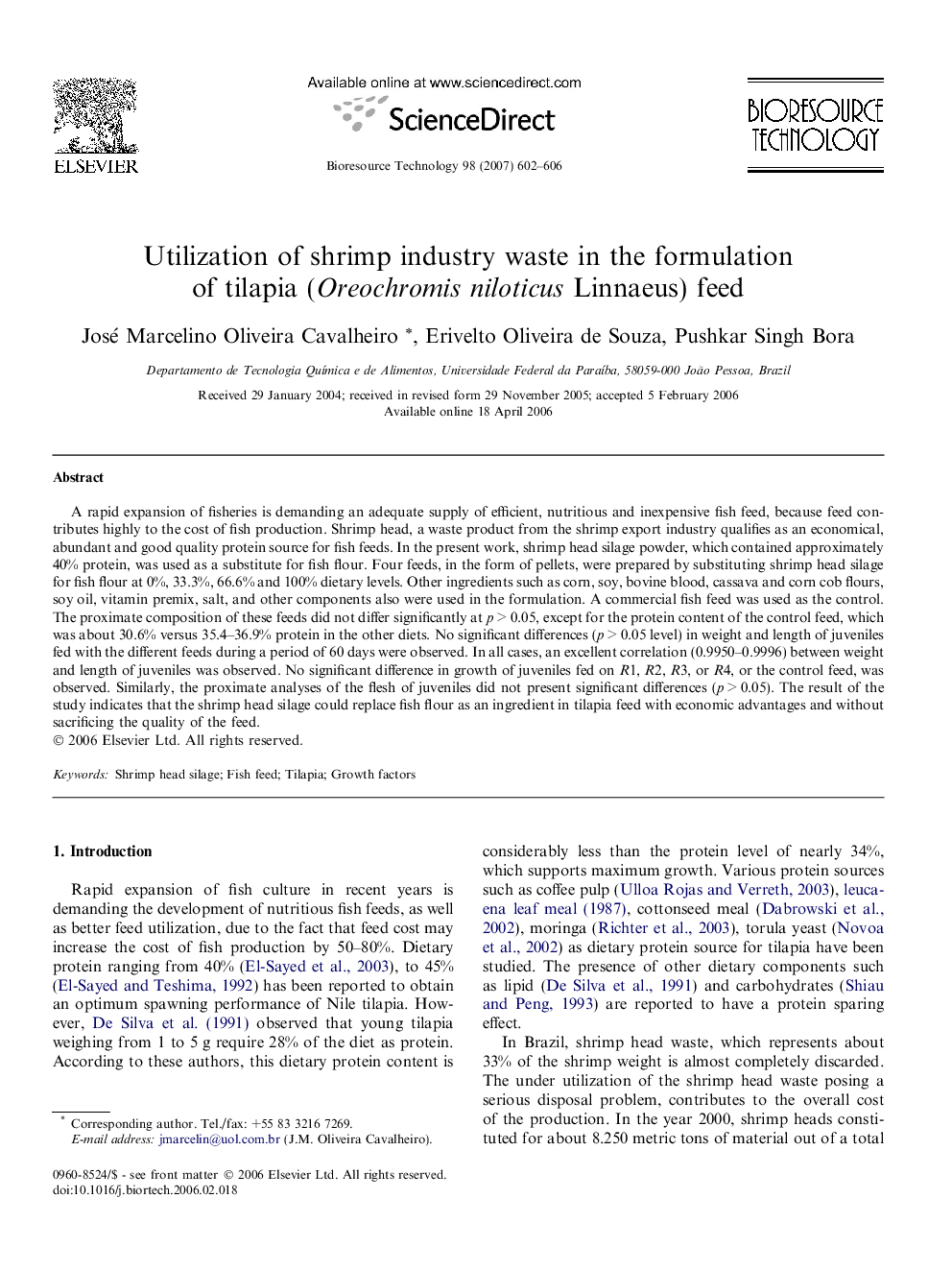 Utilization of shrimp industry waste in the formulation of tilapia (Oreochromis niloticus Linnaeus) feed