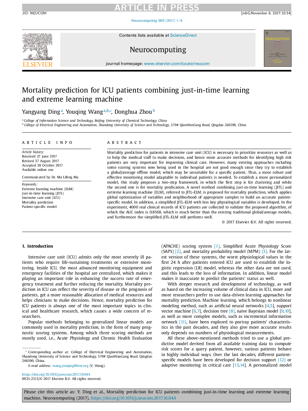 Mortality prediction for ICU patients combining just-in-time learning and extreme learning machine
