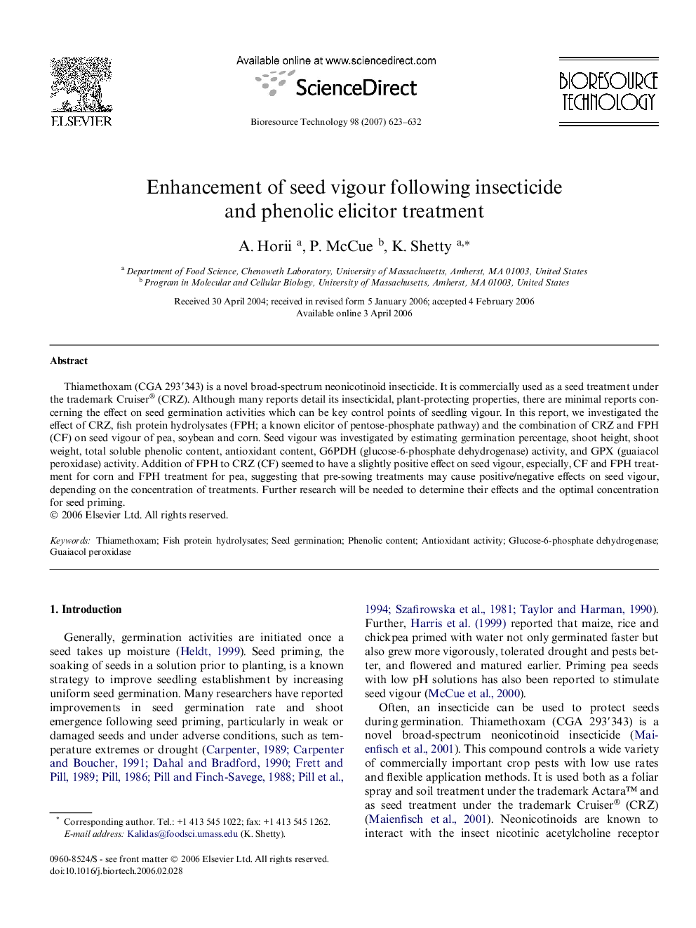 Enhancement of seed vigour following insecticide and phenolic elicitor treatment