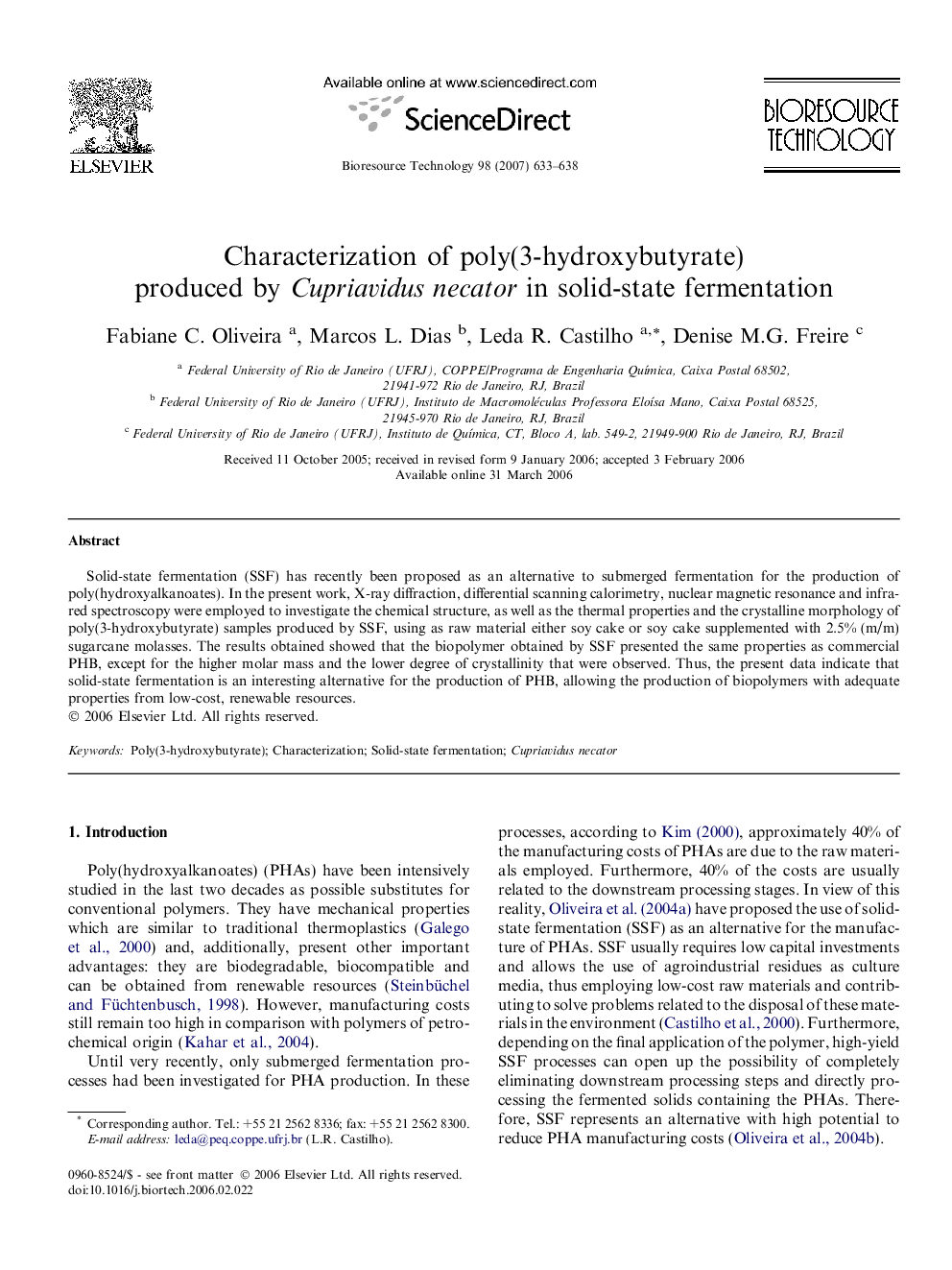 عکس صفحه اول مقاله: Characterization of poly(3-hydroxybutyrate) produced by Cupriavidus necator in solid-state fermentation Characterization of poly(3-hydroxybutyrate) produced by Cupriavidus necator in solid-state fermentation