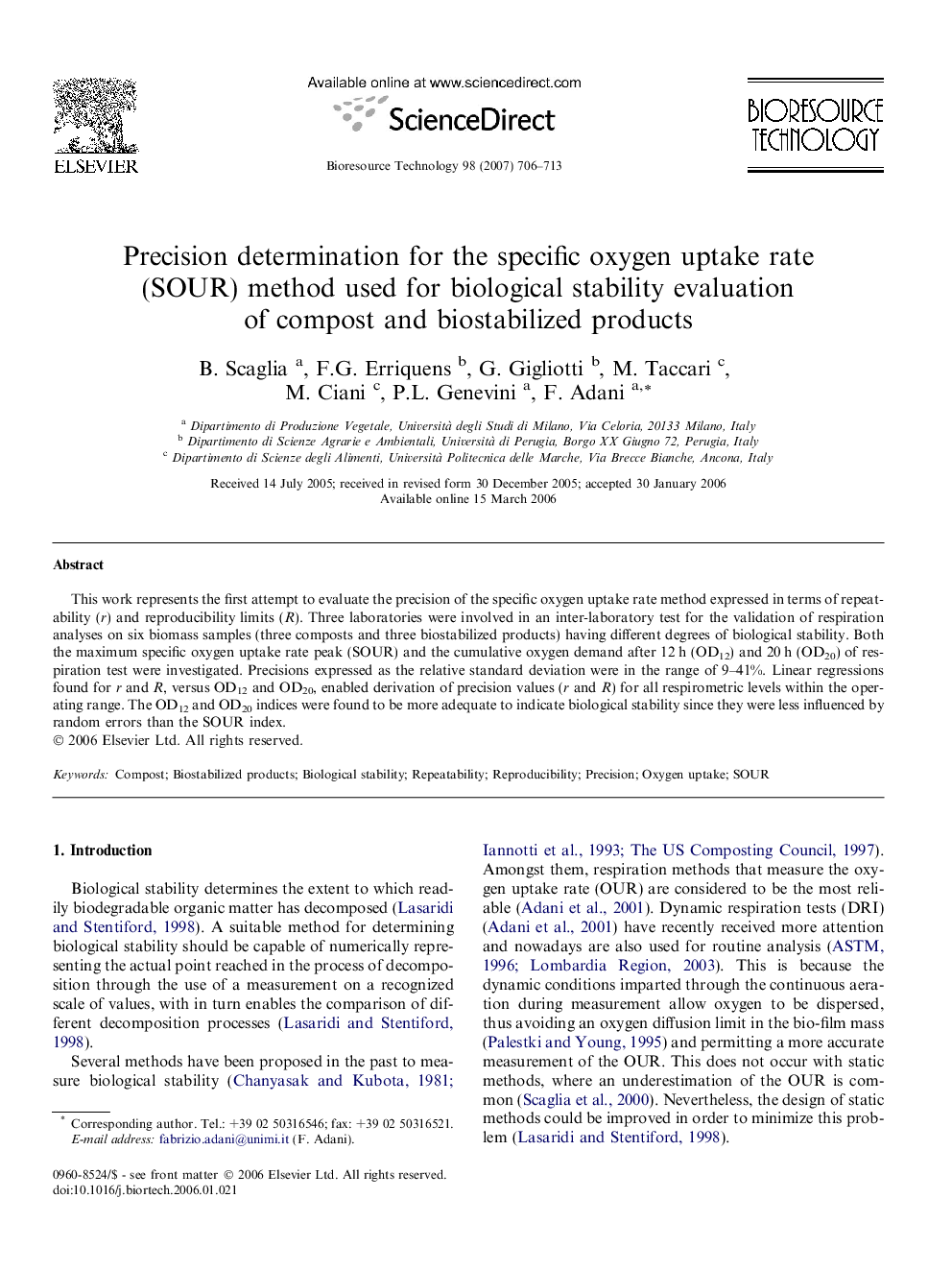 Precision determination for the specific oxygen uptake rate (SOUR) method used for biological stability evaluation of compost and biostabilized products