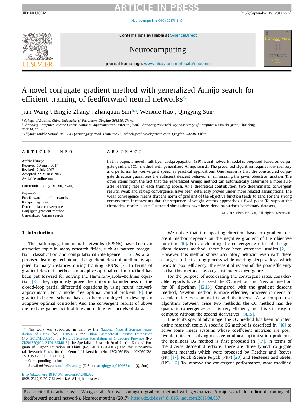 A novel conjugate gradient method with generalized Armijo search for efficient training of feedforward neural networks