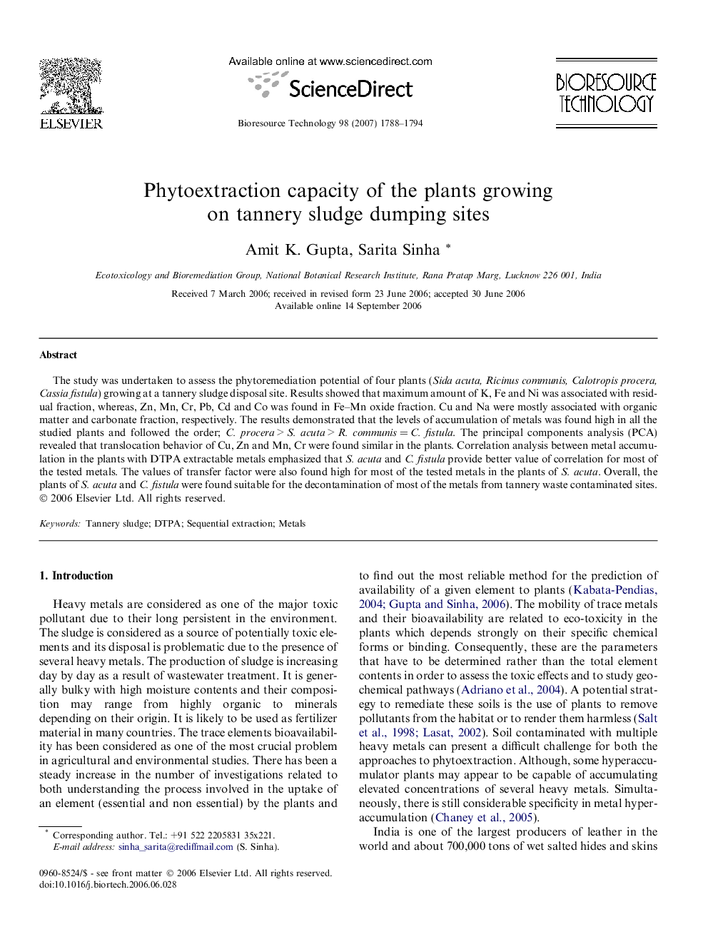 Phytoextraction capacity of the plants growing on tannery sludge dumping sites