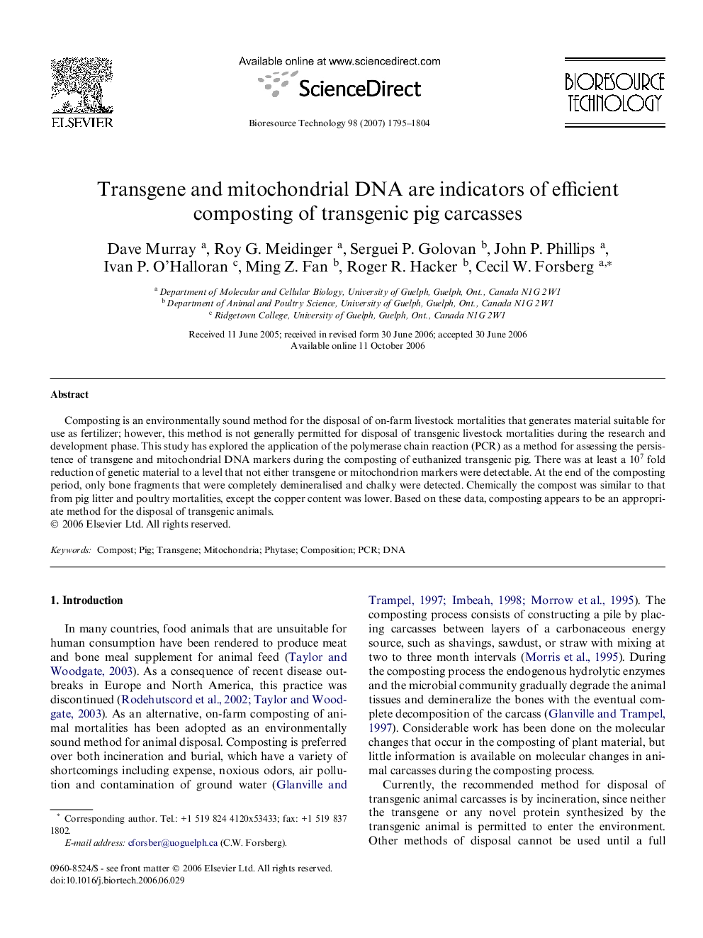 Transgene and mitochondrial DNA are indicators of efficient composting of transgenic pig carcasses