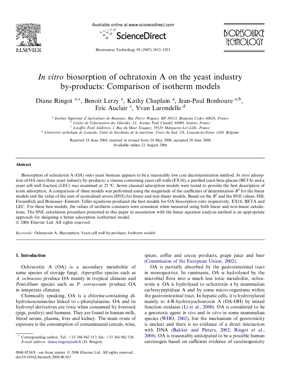 In vitro biosorption of ochratoxin A on the yeast industry by-products: Comparison of isotherm models