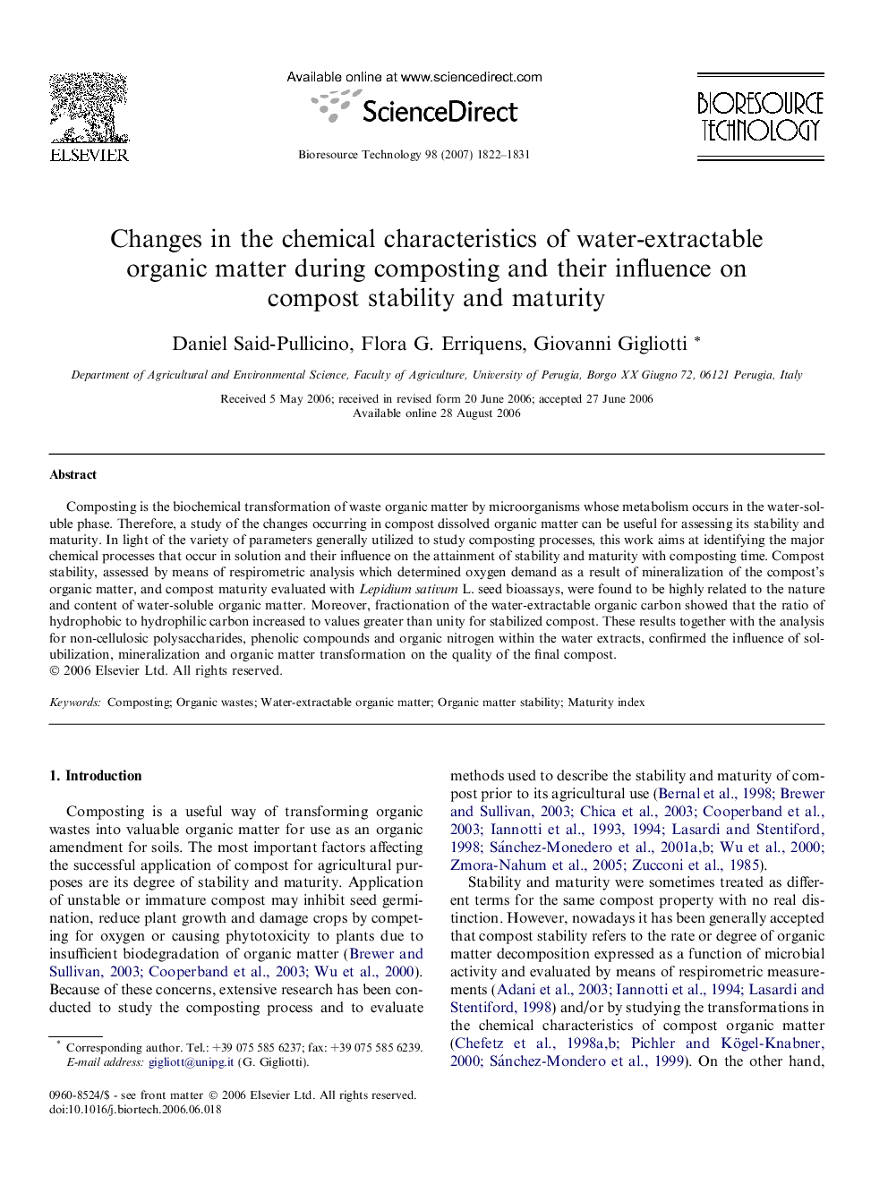 Changes in the chemical characteristics of water-extractable organic matter during composting and their influence on compost stability and maturity