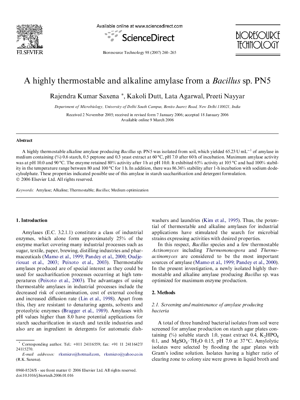 A highly thermostable and alkaline amylase from a Bacillus sp. PN5