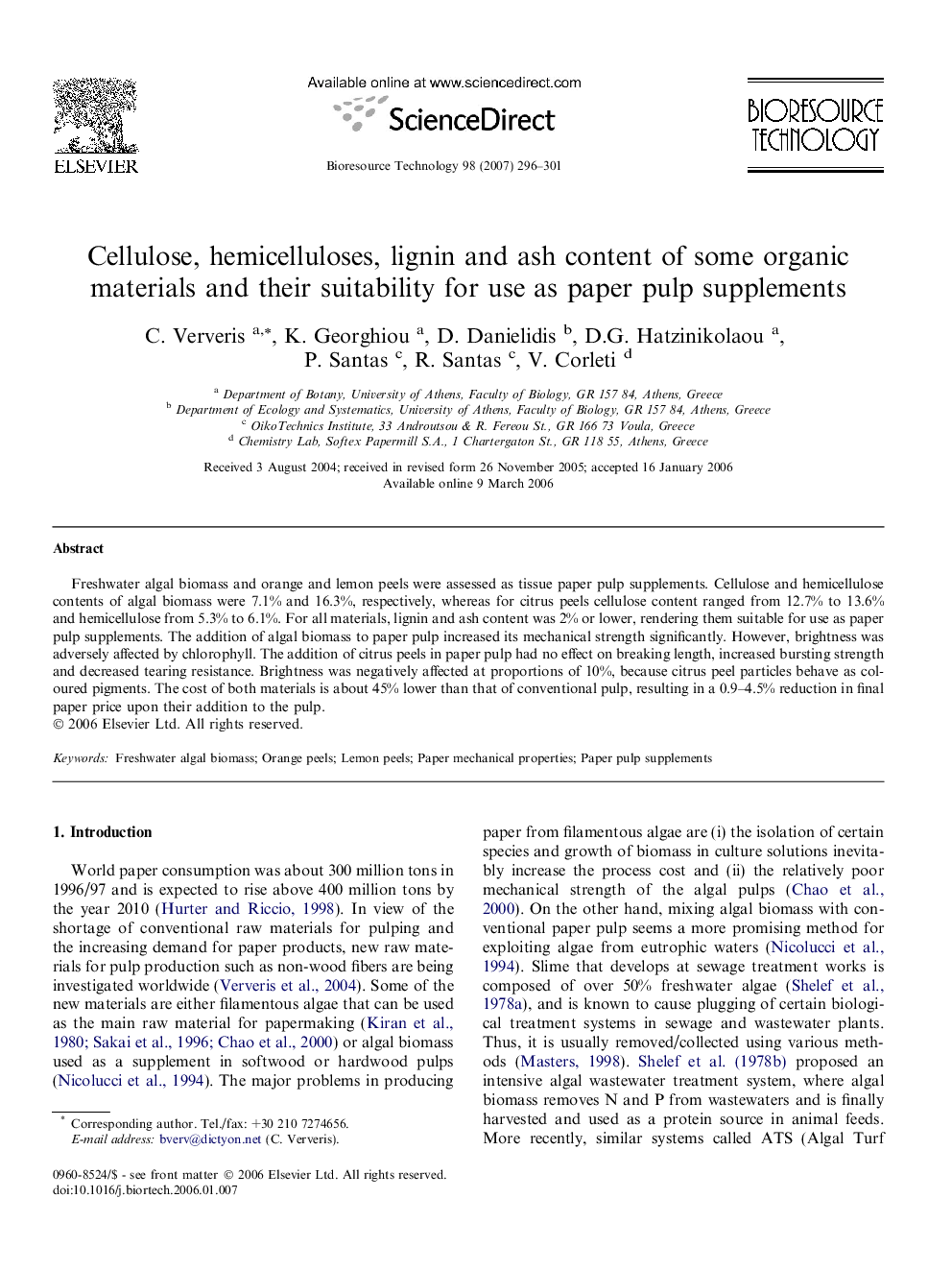 Cellulose, hemicelluloses, lignin and ash content of some organic materials and their suitability for use as paper pulp supplements