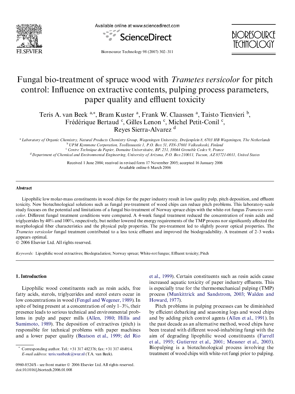 Fungal bio-treatment of spruce wood with Trametes versicolor for pitch control: Influence on extractive contents, pulping process parameters, paper quality and effluent toxicity