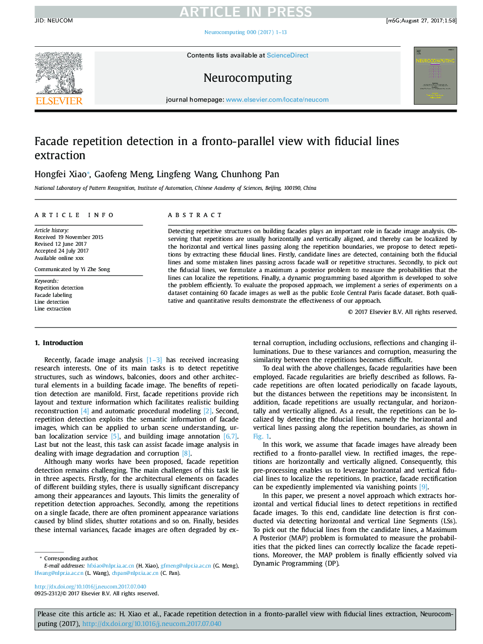 Facade repetition detection in a fronto-parallel view with fiducial lines extraction