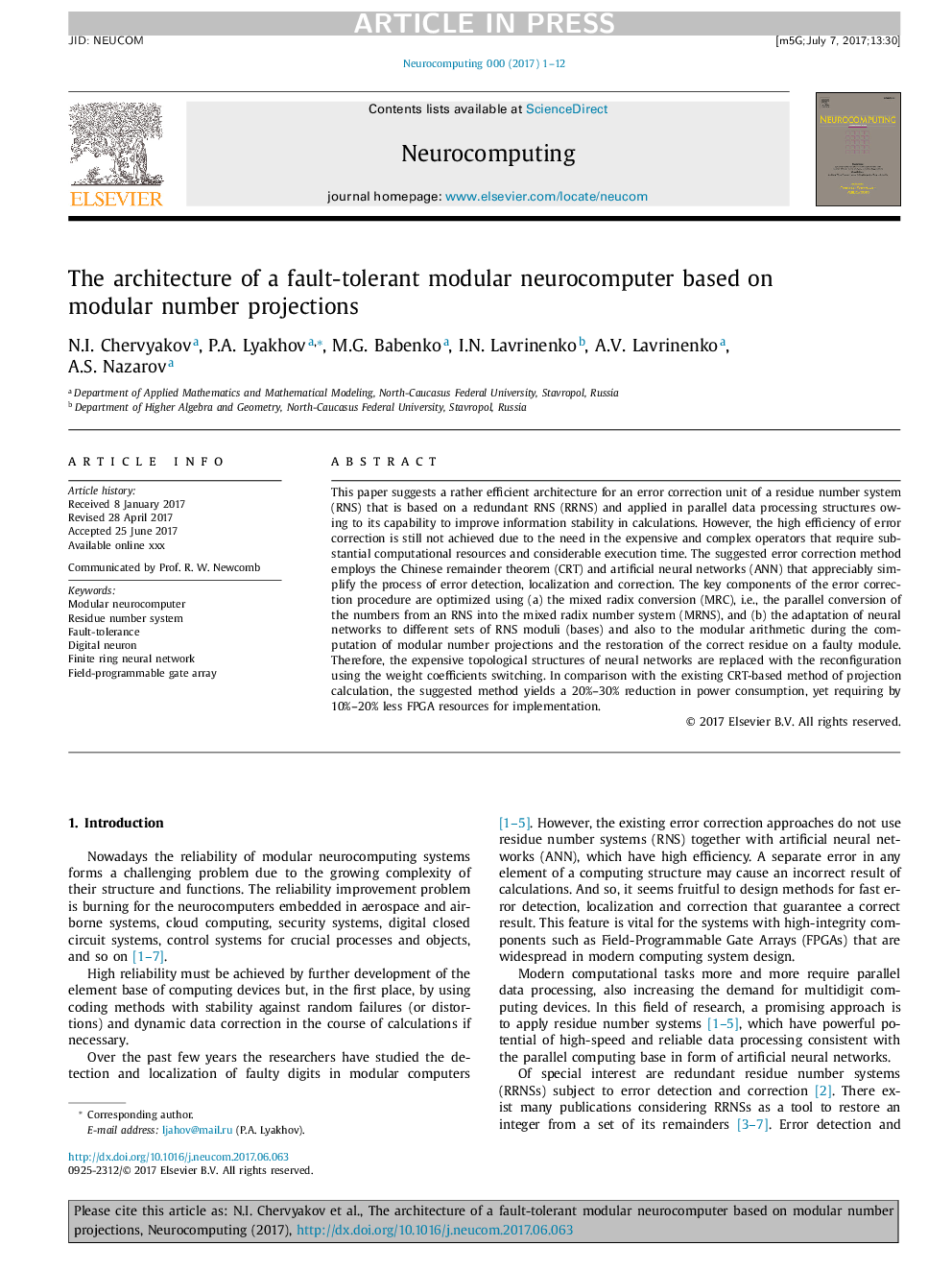 The architecture of a fault-tolerant modular neurocomputer based on modular number projections