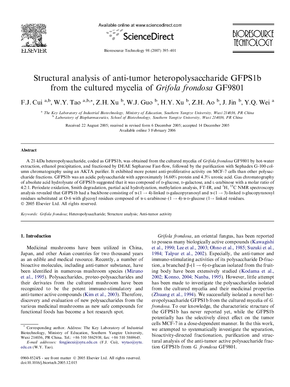 Structural analysis of anti-tumor heteropolysaccharide GFPS1b from the cultured mycelia of Grifola frondosa GF9801