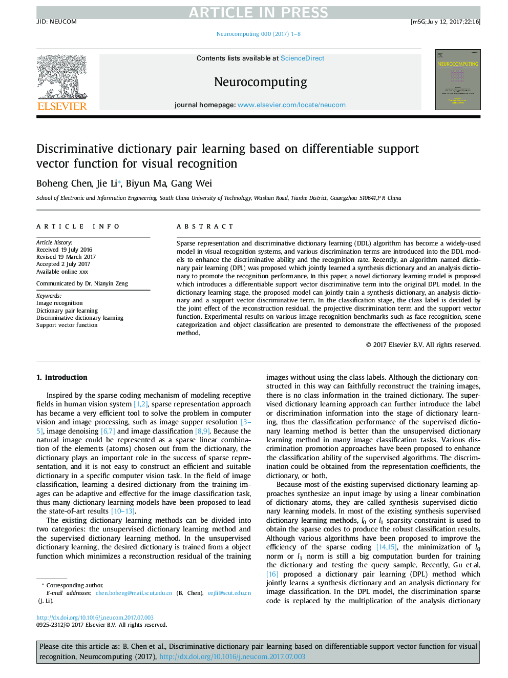 Discriminative dictionary pair learning based on differentiable support vector function for visual recognition