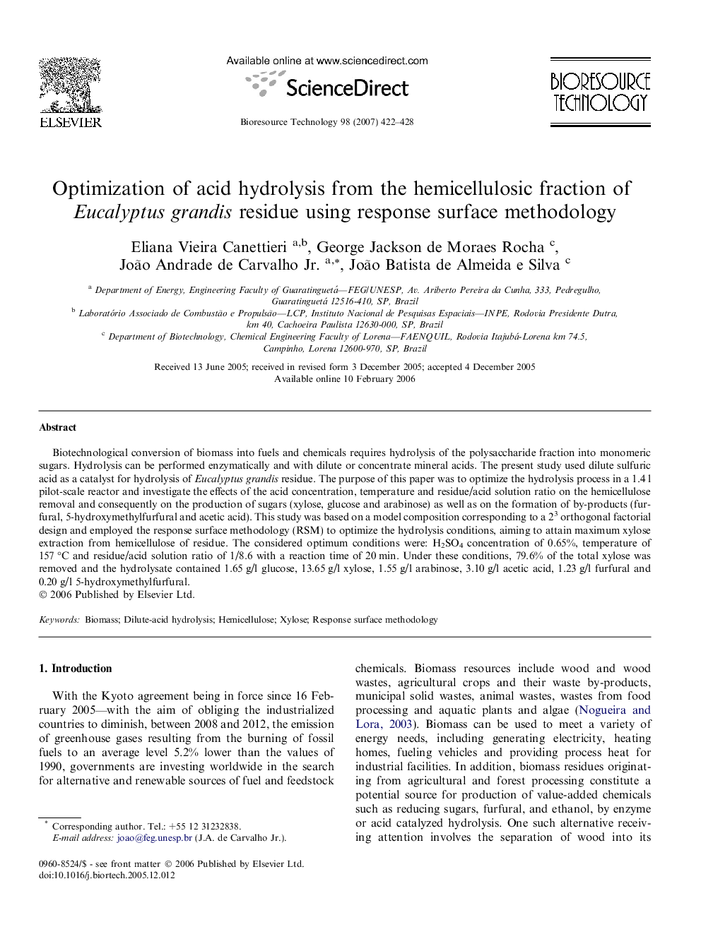 Optimization of acid hydrolysis from the hemicellulosic fraction of Eucalyptus grandis residue using response surface methodology