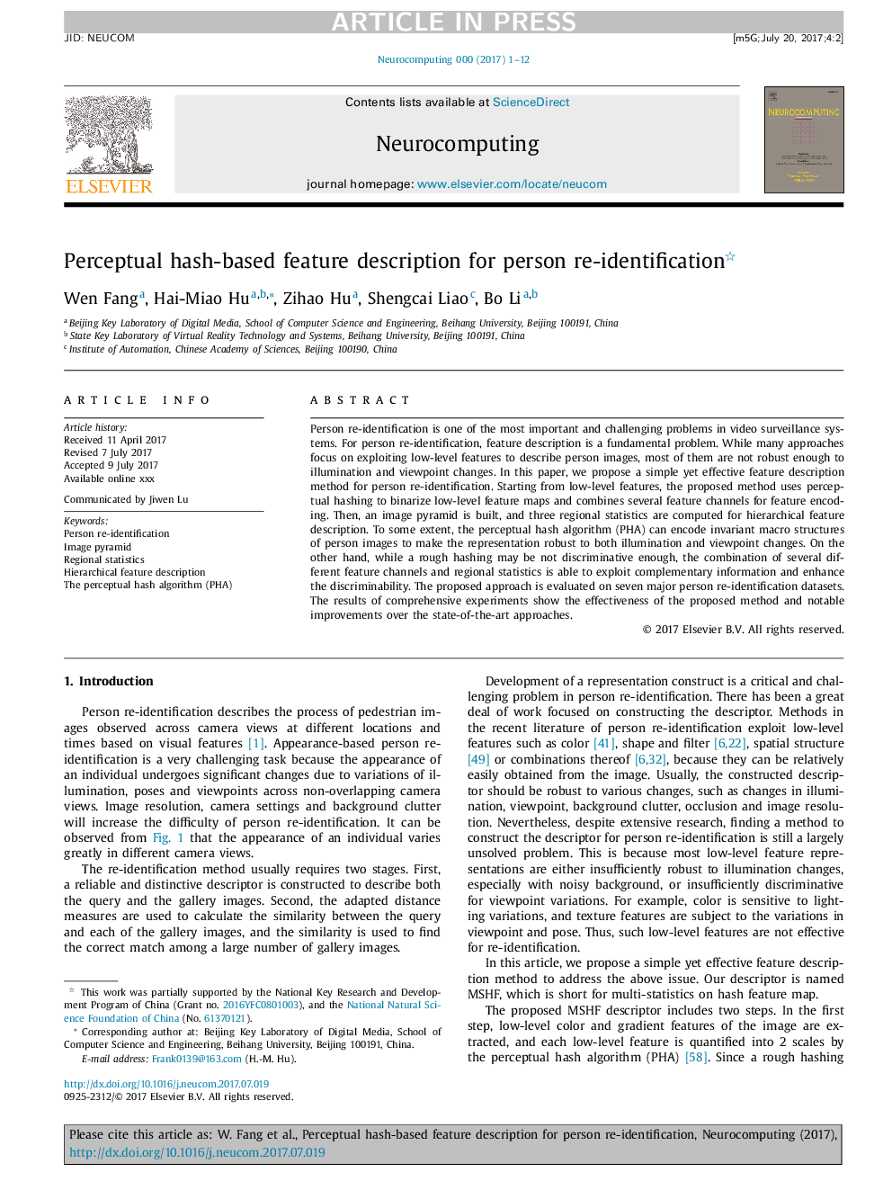 Perceptual hash-based feature description for person re-identification