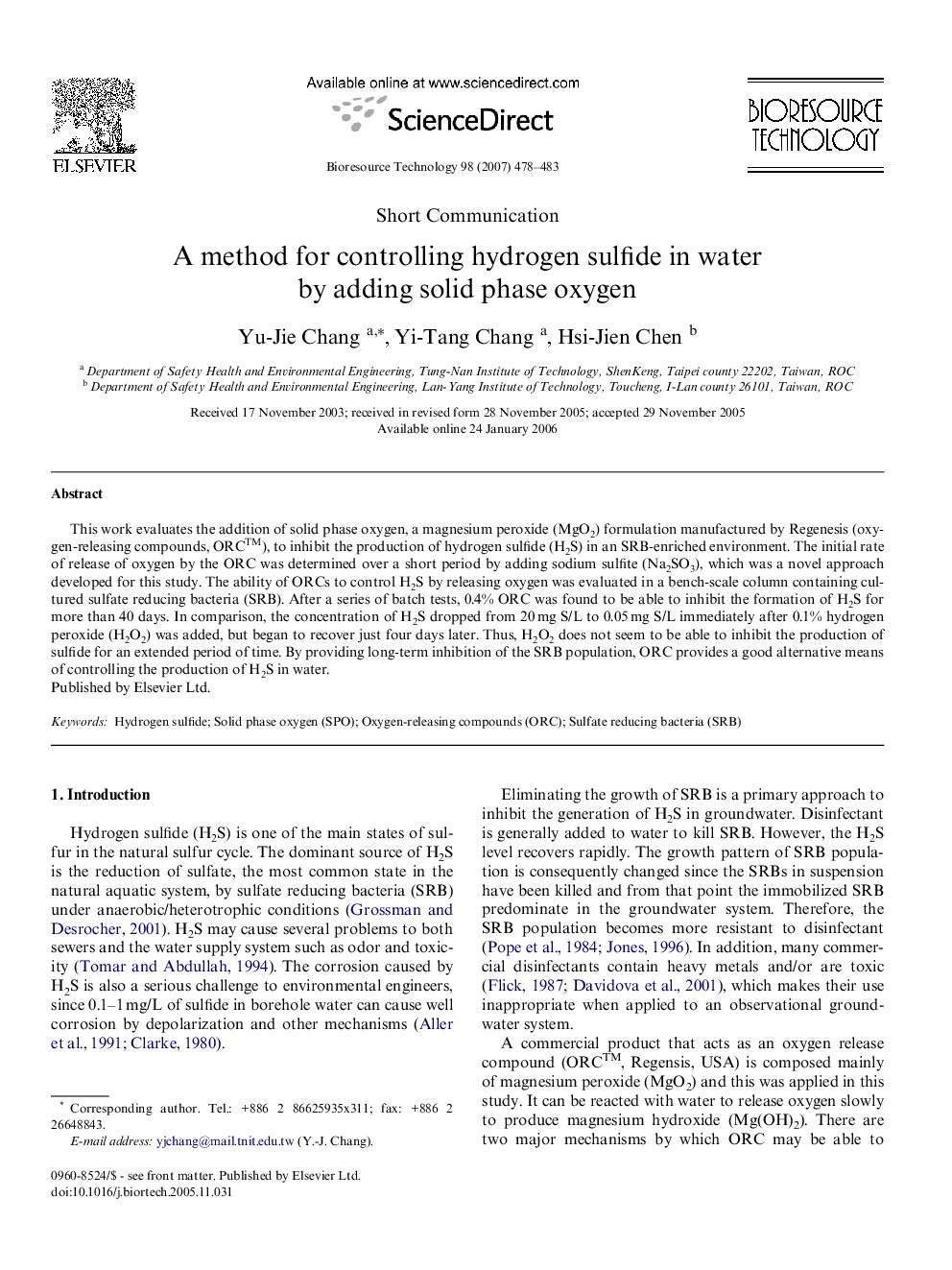 A method for controlling hydrogen sulfide in water by adding solid phase oxygen