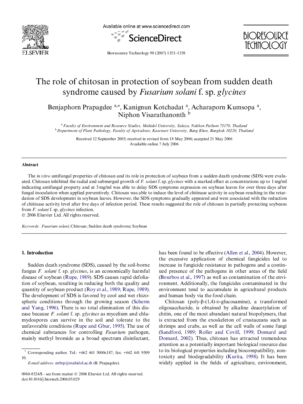 The role of chitosan in protection of soybean from sudden death syndrome caused by Fusarium solani f. sp. glycines